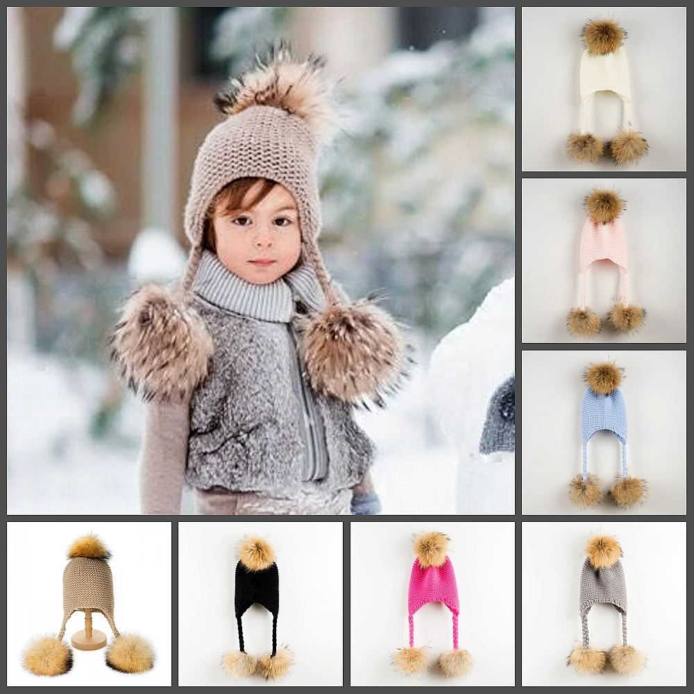 

Real Fur Ball Pom Pom Toddler Kids Girl Boy Baby Infant Winter Warm Crochet Knit Hat Beanie Cap Black Pink White 1-6 Years Old