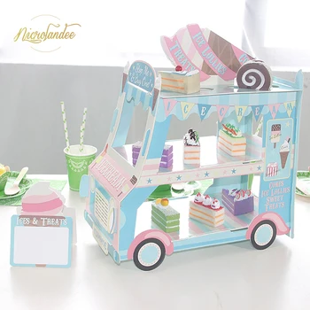 

NICROLANDEE Ice Cream Bus Cupcake Stand Decorating Kit - 3 Tier Cardboard Paper Dessert Display Stand for Birthdays Party Favors