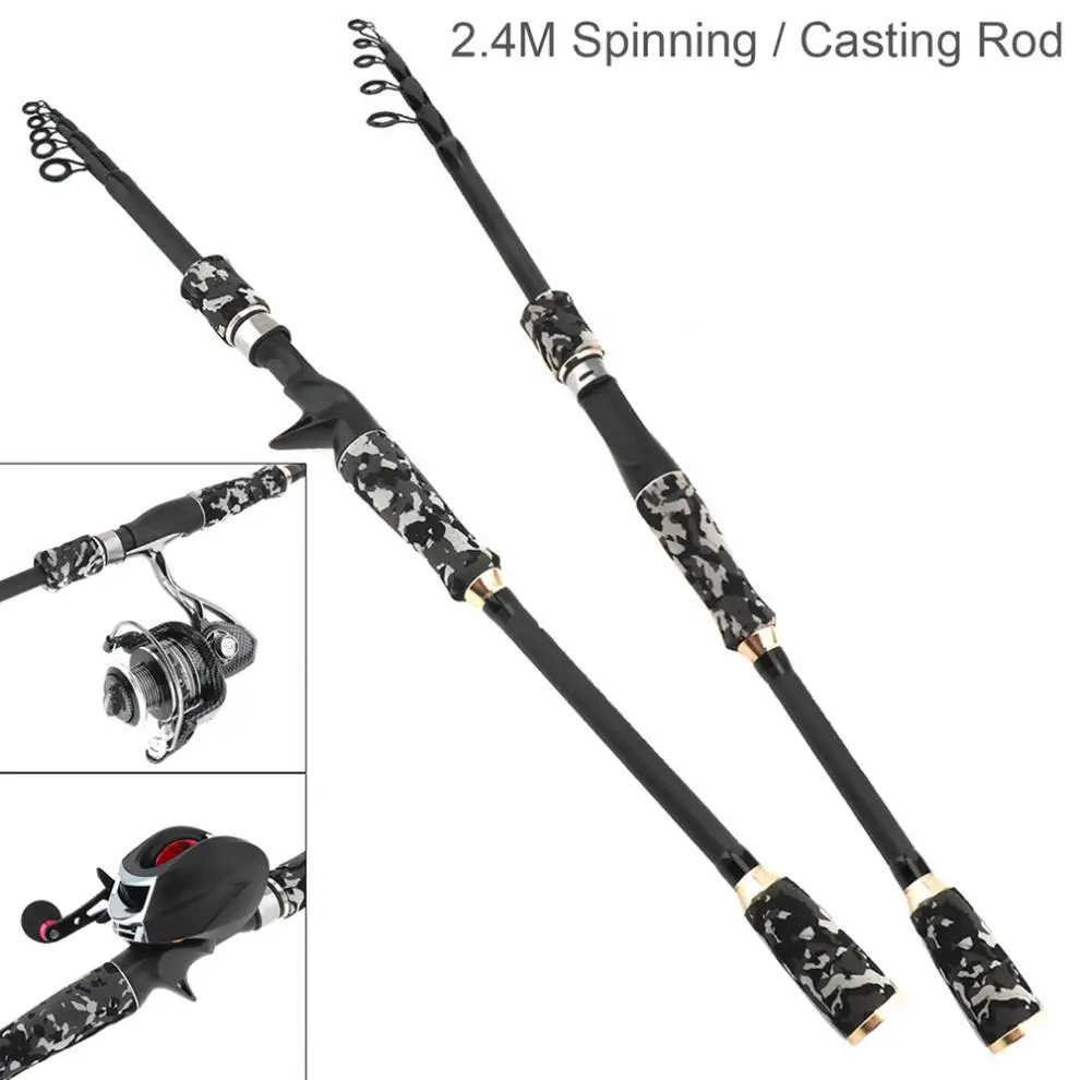 

2.4m Carbon Fiber Lure Fishing Rod Spinning Casting Rod 6 Section Telescopic Ultra Light Travel Fishing Pole Lure Tackle