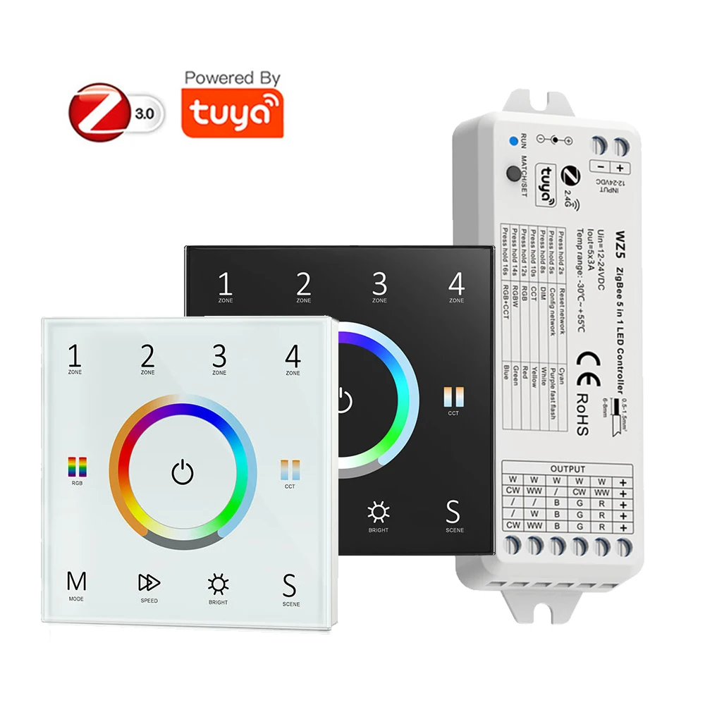Controller Led Zigbee Tuya Rgb + Cct Dc12V 24V Rgb + Bianco + Bianco Caldo Striscia A Parete Touch Panel Control Echo Plus Voice Control