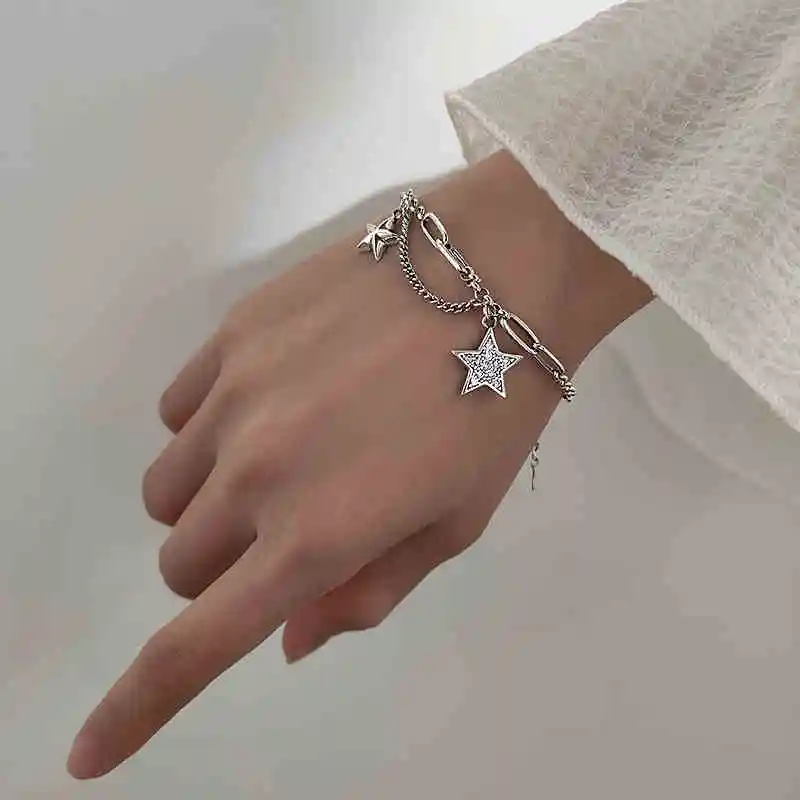 Simple Vintage Star Pentagram Zircon Multilayer Chain 925 Sterling Silver Bracelet For Women Designer Dainty Jewelry Wholesale | Украшения