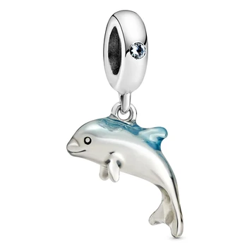 

New 925 Sterling Silver Animal Bead Charm Glossy Blue Enamel Shimmering Dolphin Pendant Beads Fit Bracelet Diy Jewelry