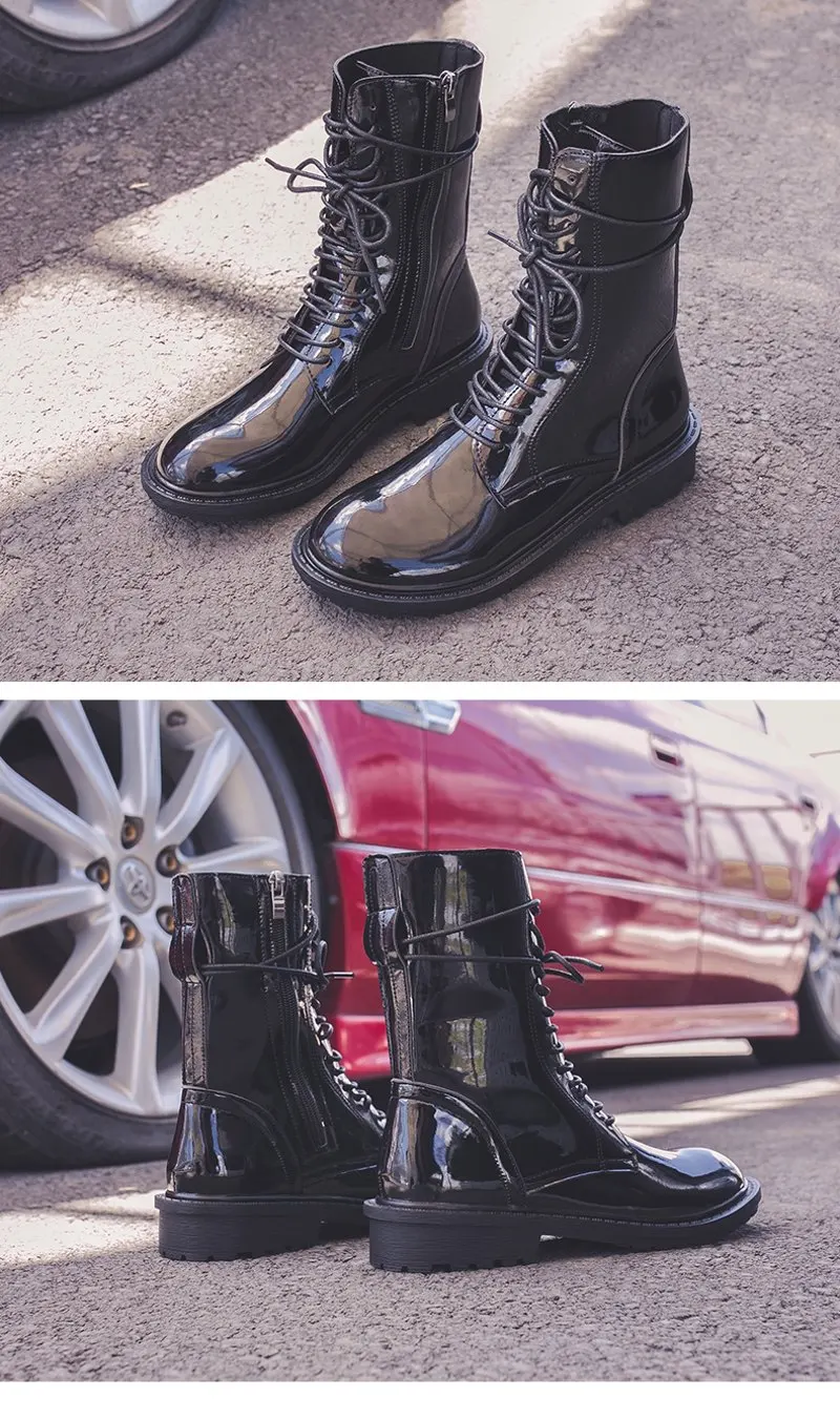 new designer women martin boots mid-calf slim black lace-up short knight botas mujer brief side zip motorcycle bottes shoes