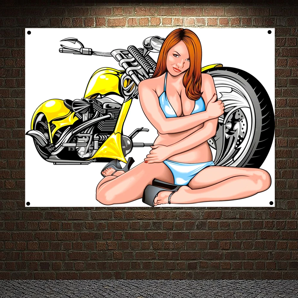 

Moto Rider Posters Wall Hanging Heavy Motorcycle Tattoo Banner Flag Tapestry Nice Girls Sexy Nude Art Canvas Painting Wall Decor