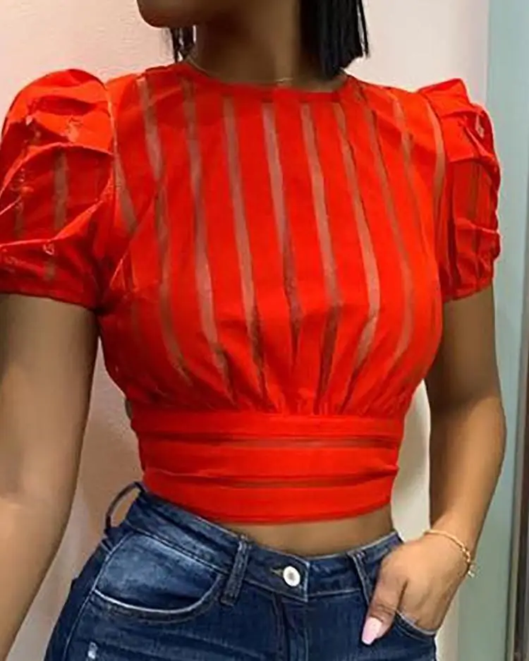 

Puff sleeve mesh striped womens tops and blouse Transparen navel exprosed summer top 2019 Red striped blouse women