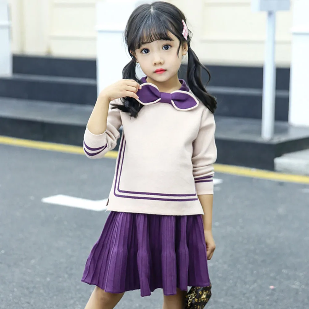 Girls Sweater Clothing Set Bow Stripe Knitwear Coat Winter Autumn Girls Sweater Long Sleeve Warm Two-piece Tops+Skirts