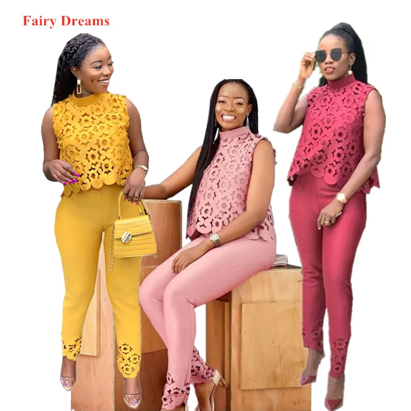 2 Piece Set Women Plus Size African Clothing Shirt And Pants Suits Ladies Yellow Pink Red Hollow Out Top Pencil Trousers