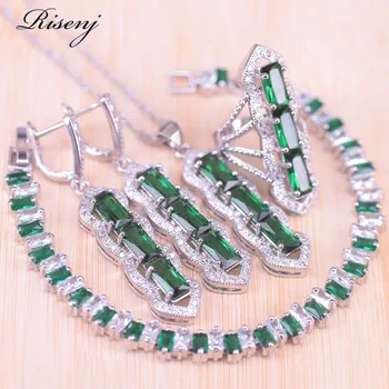 

Russian Luxury Style Silver Color Jewelry Lucky Color Green Stone Jewelry Set For Women Long Earrings/Ring/Necklace/Bracelet Set