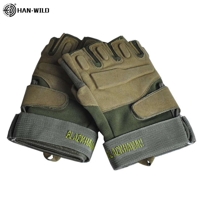 Военные тактические перчатки HAN WILD Army, пейнтбол, страйкбол, стрельба, боевые противоскользящие велосипедные жесткие перчатки на концах пальцев - Цвет: Half Finger-Green
