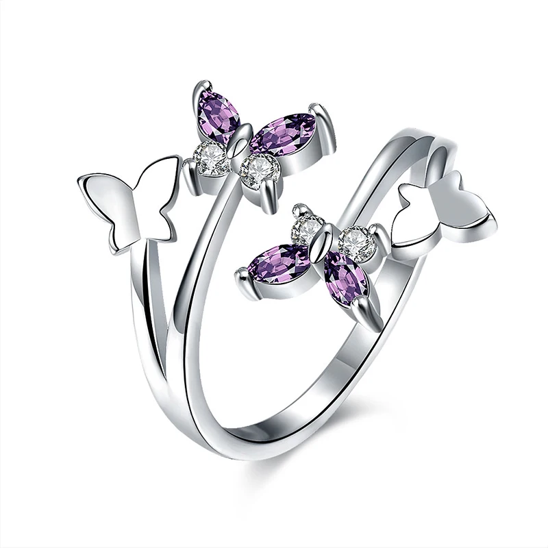 Горячая Распродажа фиолетовые Кристальные кольца Крылья бабочки для женщин Роза Золотая Аллергия Регулируемый свадебный подарок - Цвет основного камня: Silver
