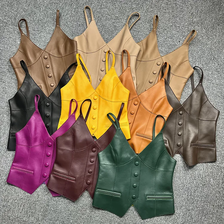 2022 Spring New Leather Jacket, Leather And Sheepskin V-Neck Vest, Sleeveless Suspenders E7 genuine leather vest fashion elegant strap vest sheepskin solid vintage sleeveless casual spring korean new female blouse