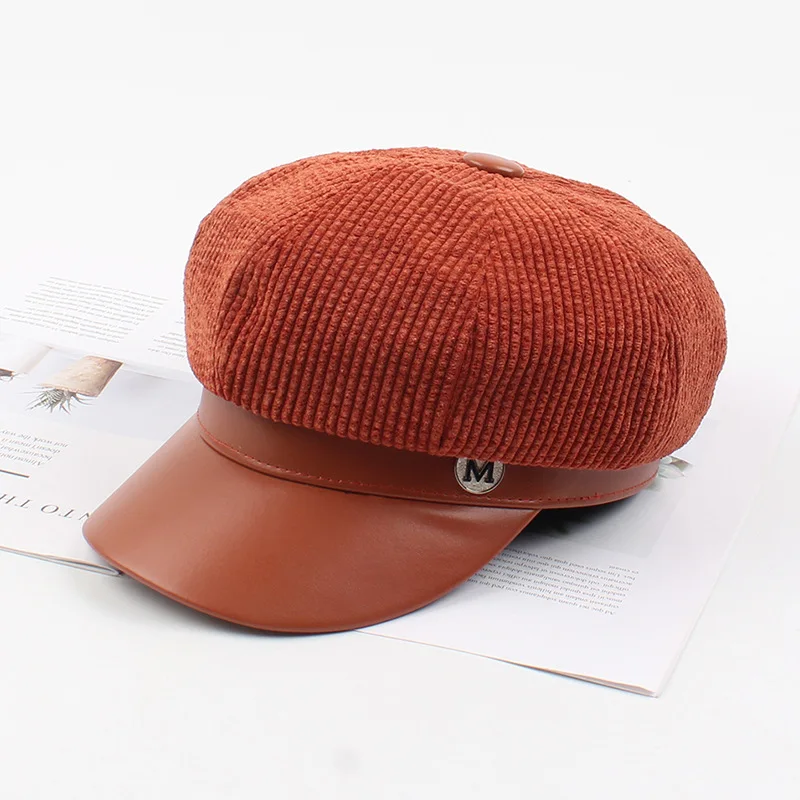 USPOP, женские Восьмиугольные шляпы, искусственная кожа, вельвет, пэчворк, газетные кепки, зимние, с буквой М, козырек, шапки, модные, военные кепки - Color: rust red