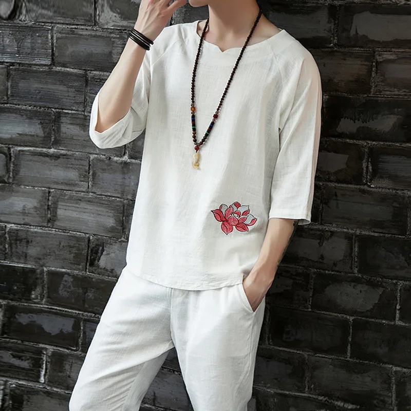 

New Style Chinese-style Lotus Embroidered Flax Men's Three-quarter-length Sleeve Tops Capri Pants Loose-Fit Set