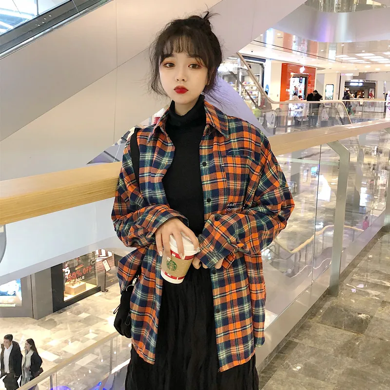 Япония Ulzzang Повседневная рубашка в клетку с лацканами и надписью женские рубашки леди каваи Винтаж Женский Панк Харадзюку туника для женщин топ Ins