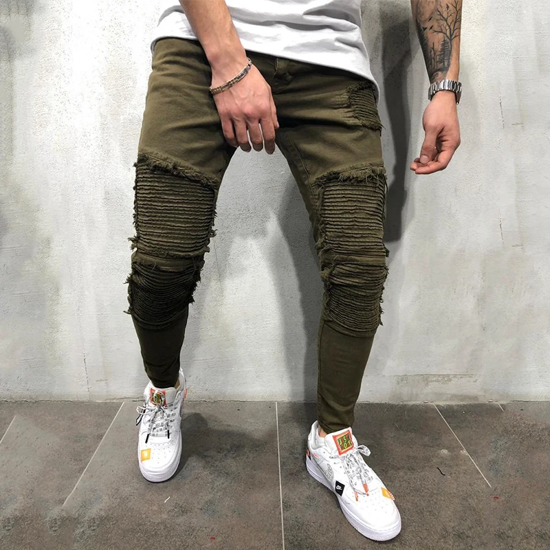 Günstige OLOME Armee Grün Plissee Dünne Jeans Männer Stretch Moto Biker Jeans Bleistift Hosen Herren Denim Jogger Streetwear Jeans für Männer