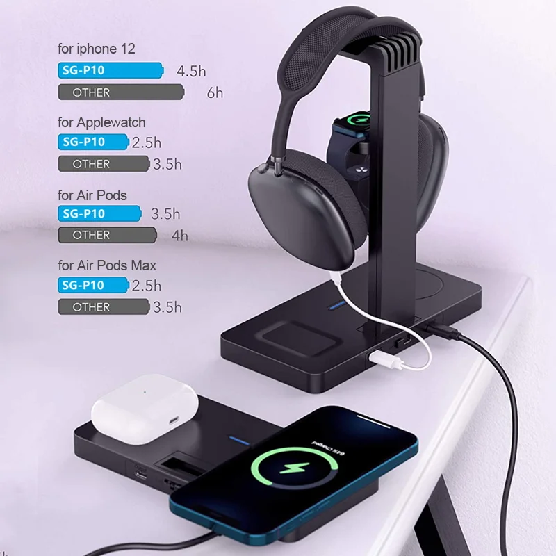 Carregador sem Fio Doca de Carregamento para Iphone 4 em 1 Pro com Suporte Rápido Estação 11 Pro Apple Assista Airpods Fone Ouvido 15w qi 12 3 iphone 12 11 pro apple assista airpods pro com suporte fone ouvido