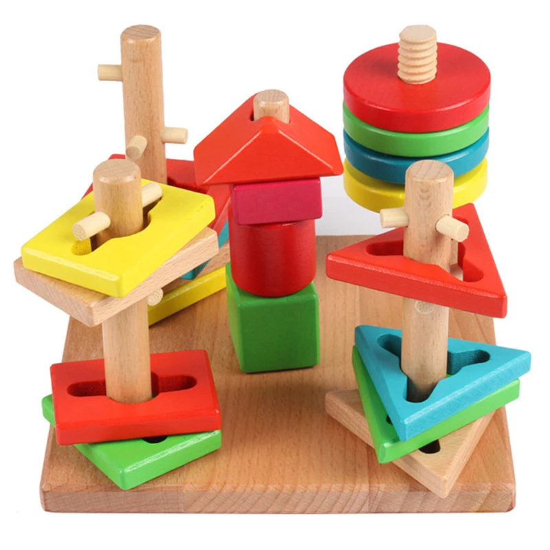 

Children's Wooden five sets of columns Rainbow Wisdom Disk Geometry Shape Building Blocks Toys Kids Toys