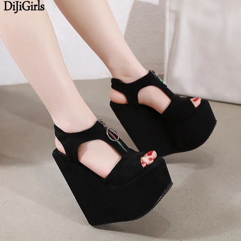 black high heel wedge sandals