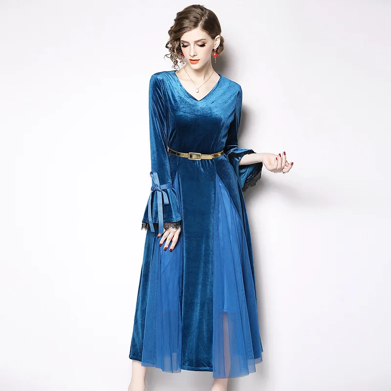 

2019 Winter V-neck restonic sha Joint Gold Velvet Flounced Long Skirts Retro Long Sleeve Thick Dress Europe And America
