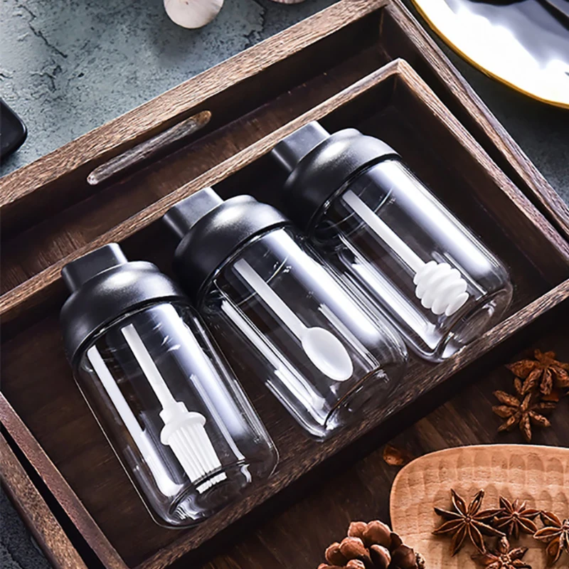 

3PCS Glass Spice Containers Seasoning Jar With Spoon Oil Brush Honey Salt Dispenser Bottle Kitchen Accessories