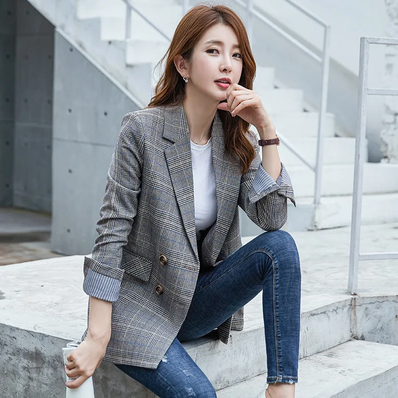 

Plaid Small Suit Women's 2019 Autumn New Style Korean-style Loose-Fit Pattern British Style Mid-length Leisure Suit Coat