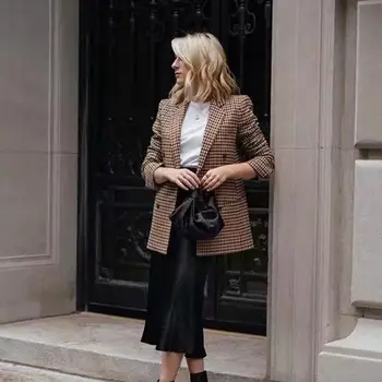 

Fall Elegant Loose Lattice Suit Jacket Pockets Long Sleeve Notched Blazers Female Single-Breasted Casual Blazers Outerwear