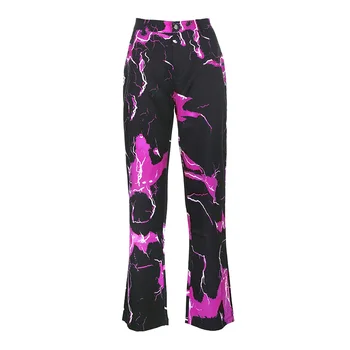 

Women Hip-hop Style Pants, Adults Lightning Print High Waist Straight-leg Trousers with Pockets