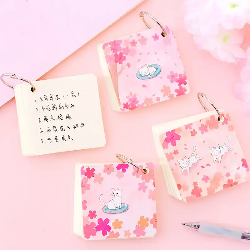 Kawaii Cat Blank Flash Cards Study Cute Cherry Blossoms Ring Memo
