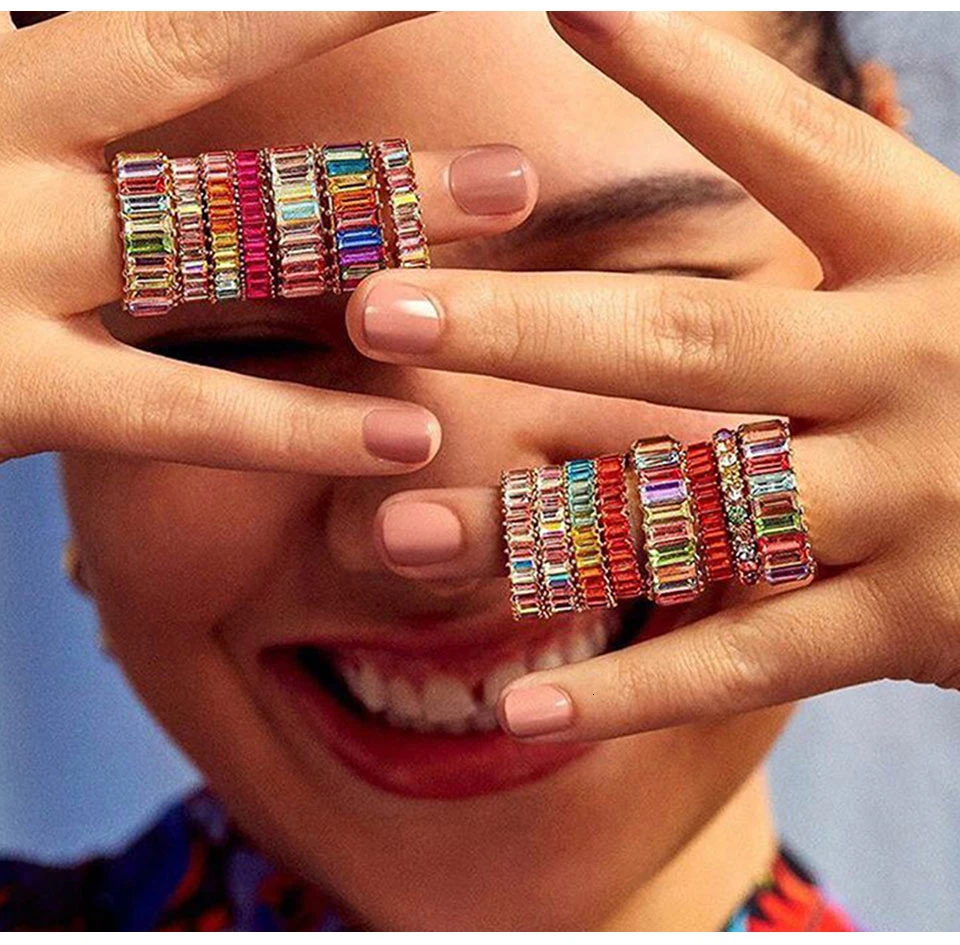 Jouval Fashion Rainbow Rhinestone Rings For Women Punk Gold Vintage Crystal Wedding Engagement Ring Bague Female Fashion Jewelry