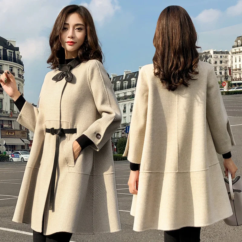 Женский зимний Корейский стиль, черный длинный клетчатый твидовый Тренч,, женская мода, шерстяная ветровка, одежда 2XL