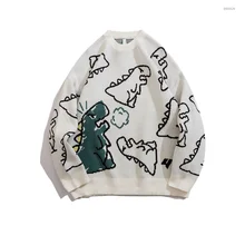 

Men Harajuku Knitted Hip Hop Streetwear Dinosaur Cartoon Pullover O-Neck Oversize Casual Couple Male Sweaters Warm long sleeves