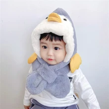 

Newborn Baby Hat Scarf Integrated Plush Children's Ear Protection Cap Cute Penguin Boy Girl Baby Windproof Pullover Cap