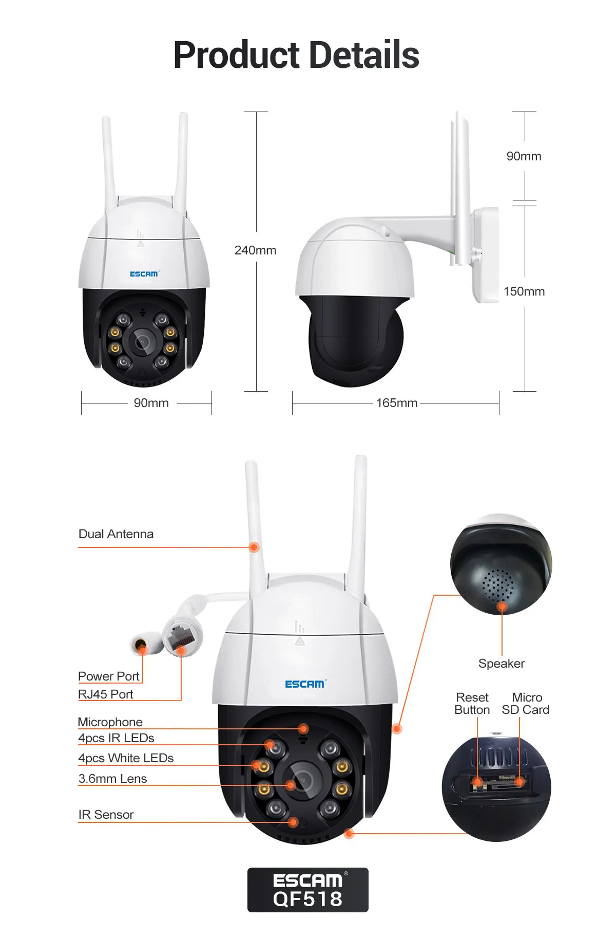 ESCAM QF518 5MP PTZ Wifi IP Camera AI Humanoid Detection Auto Tracking Outdoor Surveillance Security WiFi IP Camera Waterproof