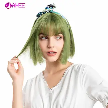 

AIYEE Short Bob Himecut Wig Synthetic Straight Hair Green Cosplay Wig for Women Heat Resistant Fiber Daily False Hair Wigs