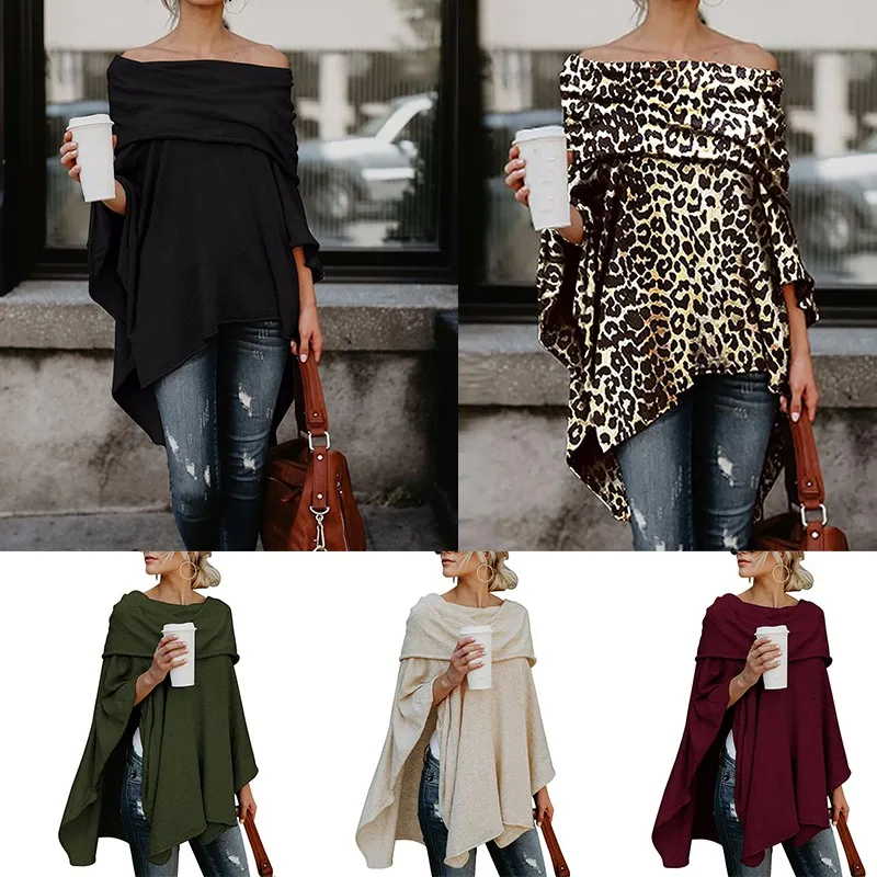 

Irregular Hem Off The Shoulder Leopard Print Capes Fashion Sexy Solid Color Plus Size Women's Office Lady Slash neck Pullover