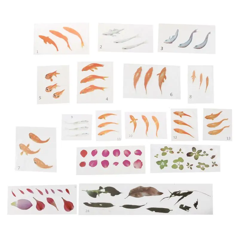 17Pcs Vivid Goldfish Clear Fish Flower Petal Leaves Film Stickers Resin Art Craft Water-Like Painting Jewelry Making