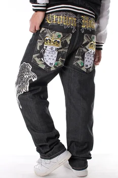 

Mens Fashion Brand Big Size Loose Jeans Pants Embroidered Wings Hip-Hop Costume Oversize Jeans Straight Skateboard Trousers