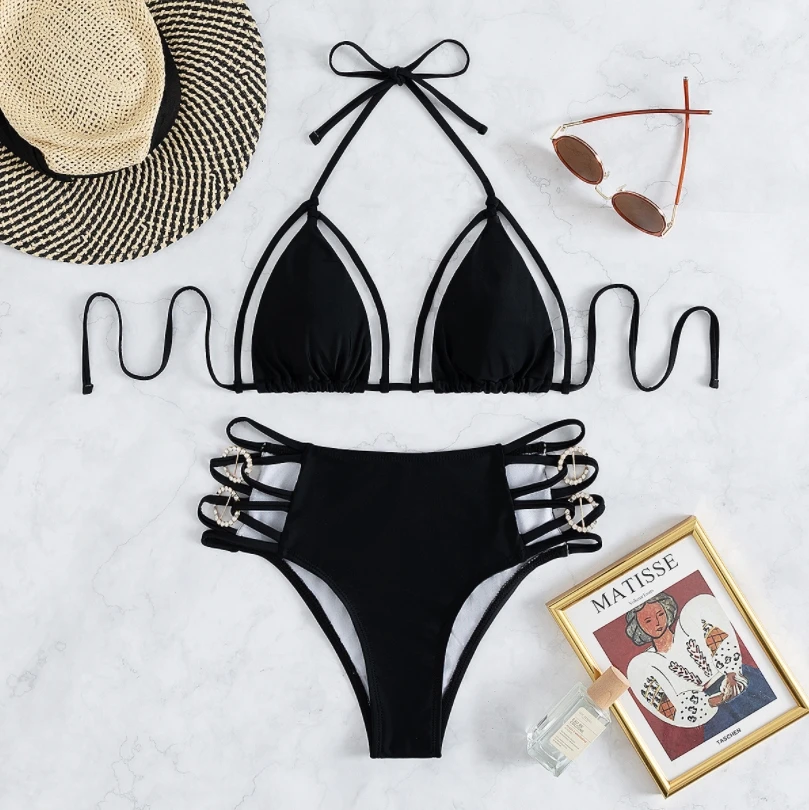

Сексуальный женский комплект бикини Yiiciovy с вырезами и высокой талией, бюстгальтер с мягкими чашечками на завязках + стринги с вырезами по бокам, черный купальник