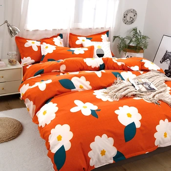 

Orange Quilt Cover for comforter polyester bedding set with pillowcases flower pattern printed bed linens set bedclothes cover