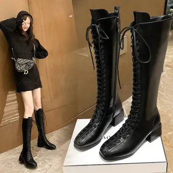 

Long Boots Women's Tide 2020 Autumn and Winter New Fashion Square Head Thick Heel Boots Tide High Tube Knee Martin Boots Women