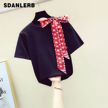 

Lace-up Bow Cotton Short Sleeve T-shirt Blusas Women 2020 Spring Summer New Korean Loose Solid Color T-shirts Tshirt Mujer
