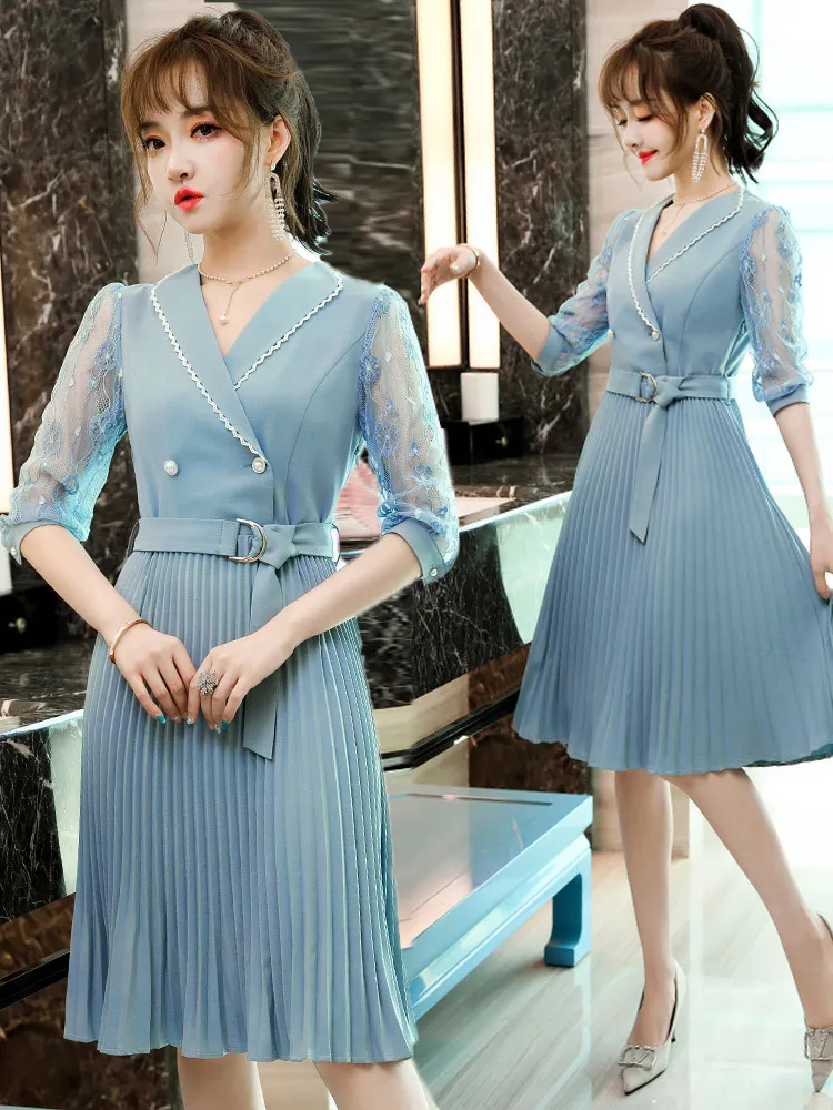 Half Sleeve Elegant Blue Sping Summer Dresses for Women Formal OL Styles Business Work Wear Dress with Belt Vestidos 1