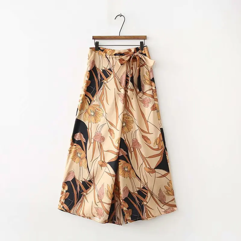 

Printed Flower Wide Leg Pants Women Autumn Simple High Waist Pants Slim Ladies Bow Irregular Trousers Casual Long Loose Pants