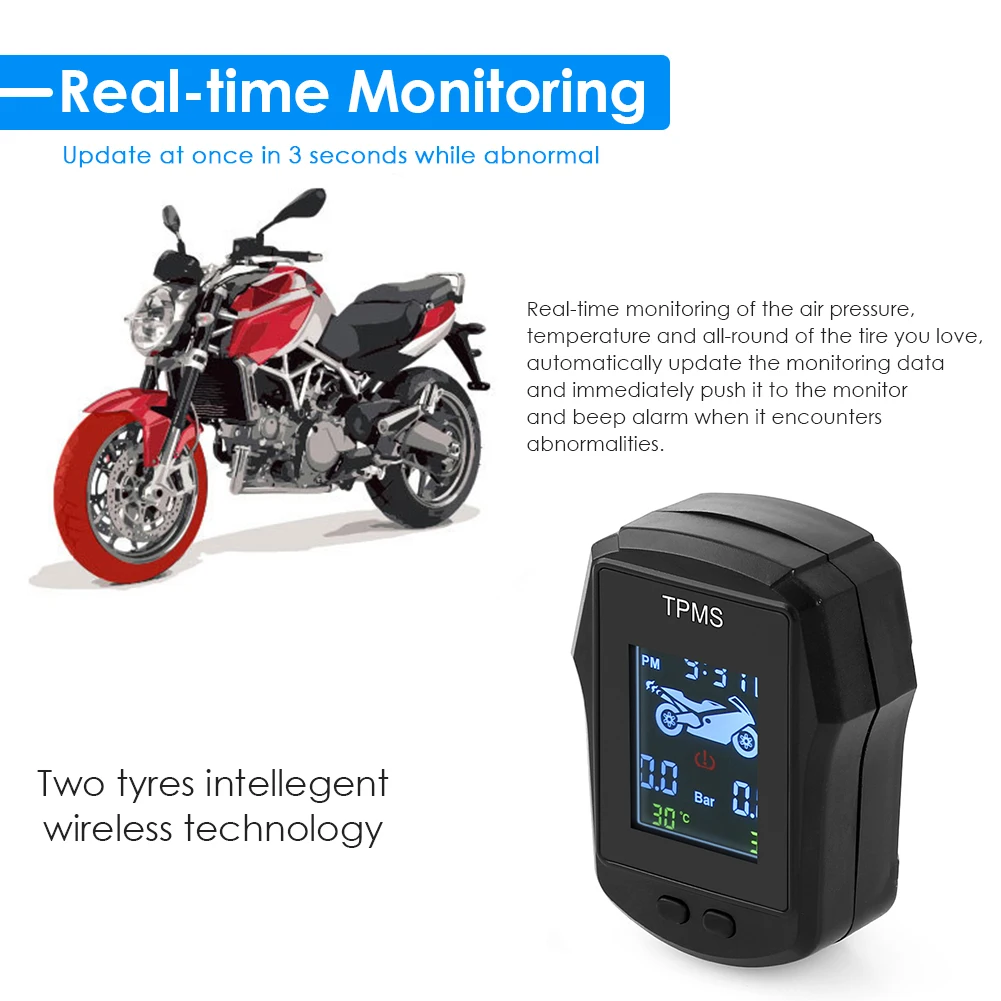 Waterproof Motorcycle TPMS Motorbike Digital LCD Display Tire Tyre Pressure Monitoring System with External Sensors