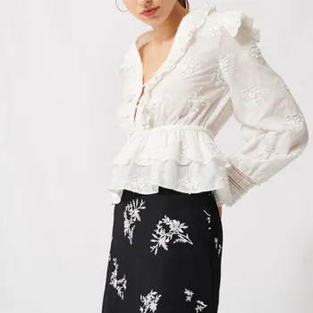 

Embroidery Flower Women's V-neck Shirt White Color Ruffles Patchwork Hollow out Long Sleeve Buttons Casual Top