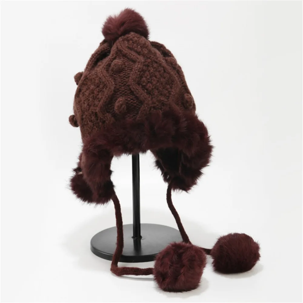 Милая Зимняя вязанная шапка-бомбер с меховым шаром, украшение для женщин, каваи, шапка-ушанка, помпон с искуственным мехом снежные шапки русская ушанка