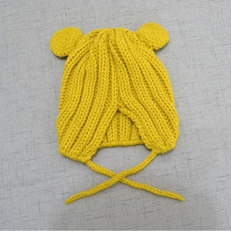 Knitted Winter Baby Hat with Ears Cartoon Lace-up Children Kids Baby Bonnet Cap for 1-4 Years 6 Colors