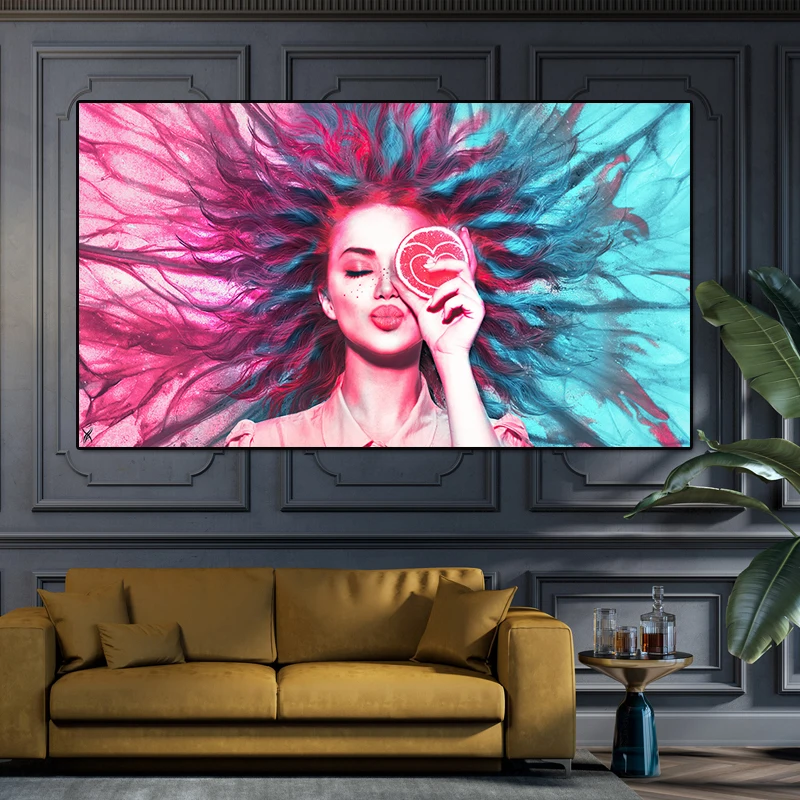 Холщовая живопись абстрактная женщина с красными синими волосами настенная