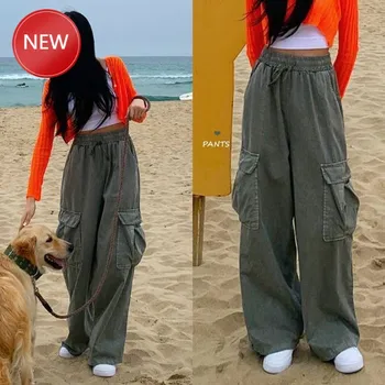 

Cargo Pants Women female casual loose wide leg pants hip-hop Cargo pants Pocket Lace up trousers Autumn Korean Solid