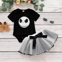 Комбинезон с короткими рукавами и принтом «Кошмар» для новорожденных девочек+ юбка-пачка с бантом костюм на Хэллоуин повседневный комплект одежды из 2 предметов